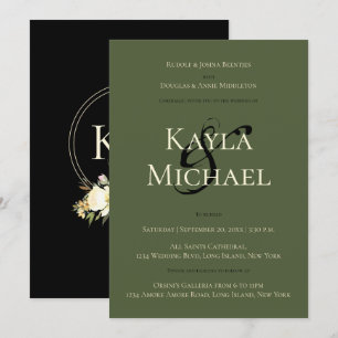 Dark Moody Wedding Black Green Cream Rose Monogram Invitation