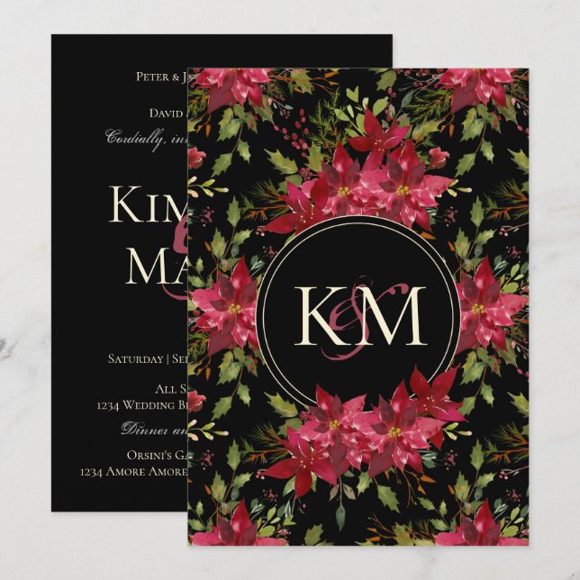 Dark Moody Wedding Claret Red Poinsettia Monogram Invitation (Front/Back)