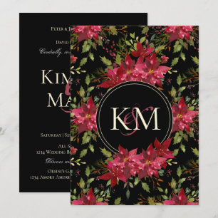 Dark Moody Wedding Claret Red Poinsettia Monogram Invitation