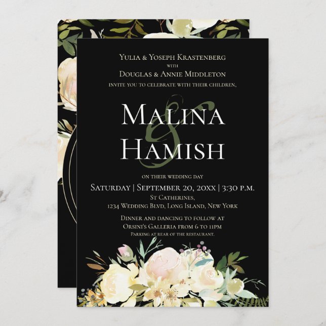 Dark & Moody Wedding Custom Monogram Cream Rose Invitation (Front/Back)
