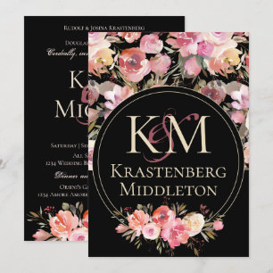 Dark Moody Wedding Monogram Blush Winter Rose Invitation