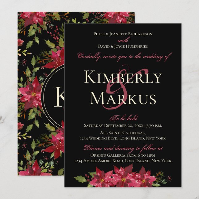 Dark Moody Wedding Monogram Claret Red Poinsettia Invitation (Front/Back)