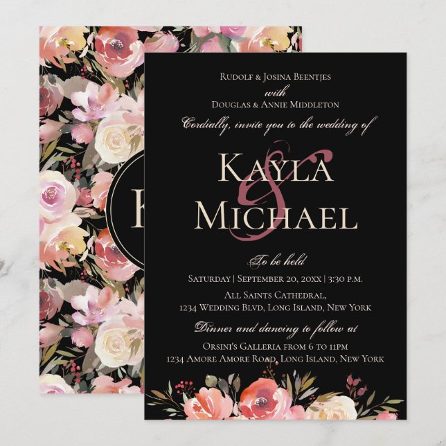 Dark Moody Wedding Monogram Winter Rose Invitation (Front/Back)