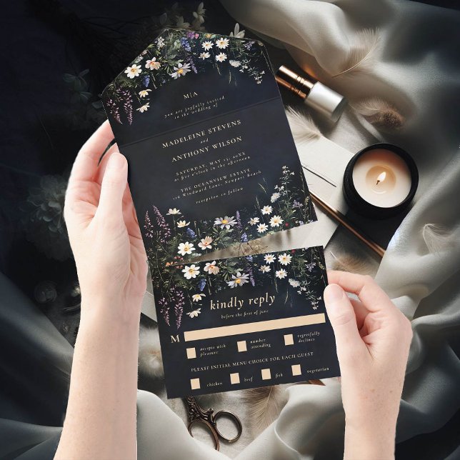 Dark Moody Wildflowers Romantic Fairytale Wedding All In One Invitation (moody dark romantic wedding invitation wild flowers wreath black all one seal send modern classic)
