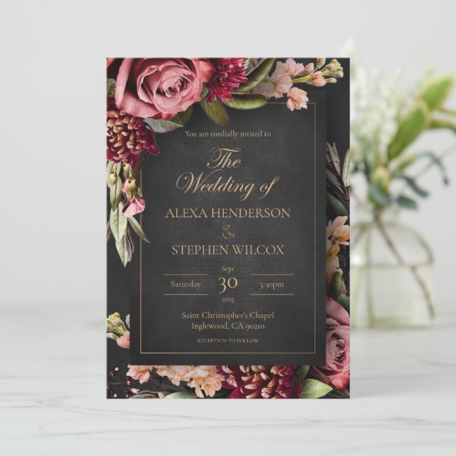 Dark Moody Winter Floral Wedding Invitation (Standing Front)