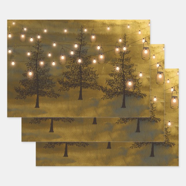 Dark Moody Winter Scene Gold Mason Jar Lights Wrapping Paper Sheet (Set)