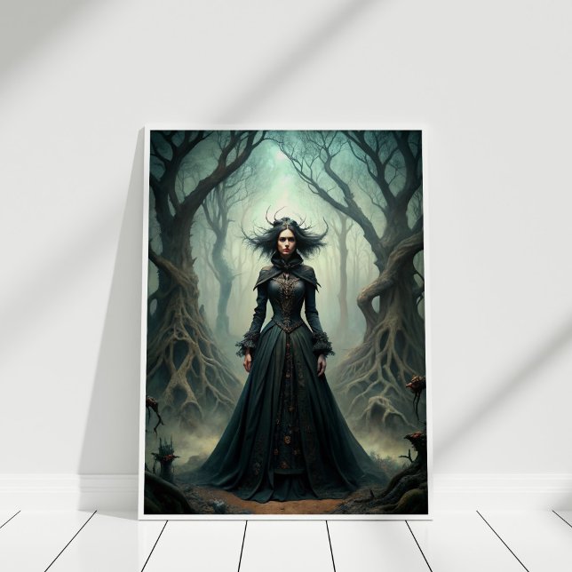 Dark Moon Witch – Forest Queen Wall Art (Dark Moon Witch – Forest Queen Wall Art in a white frame.)