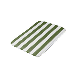 Dark Moss Green and White Stripes Bath Mat