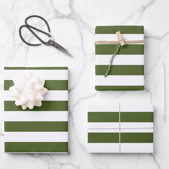 Dark Moss Green and White Stripes Wrapping Paper Sheet (Front)