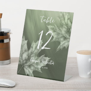 dark moss green maple leaves accent fall wedding pedestal sign