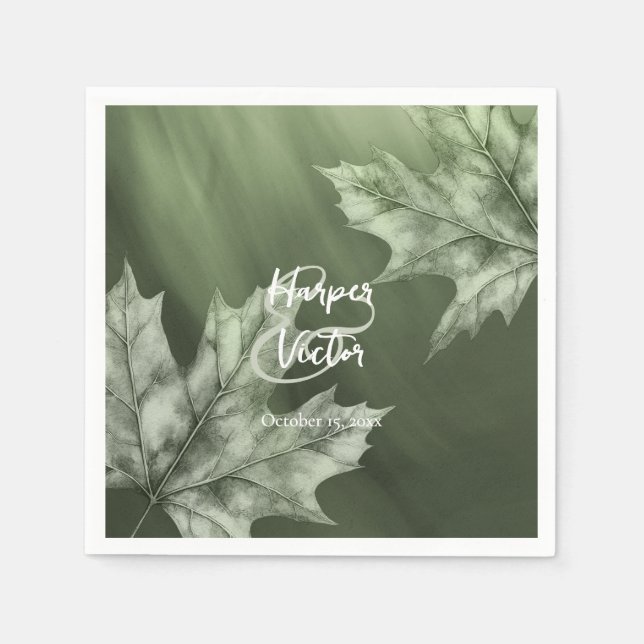 dark moss green maple leaves fall wedding napkins (Front)