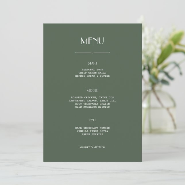 Dark Moss Green Minimalist Scandi Wedding Flat Menu (Standing Front)