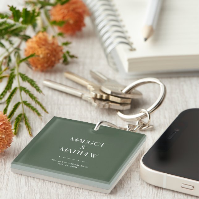 Dark Moss Green Minimalist Scandi Wedding Key Ring (Front Right)