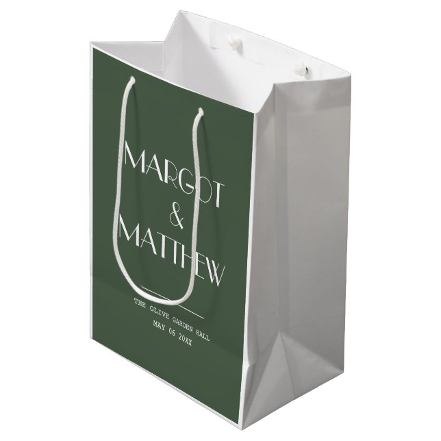 Dark Moss Green Minimalist Scandi Wedding Medium Gift Bag (Front Angled)