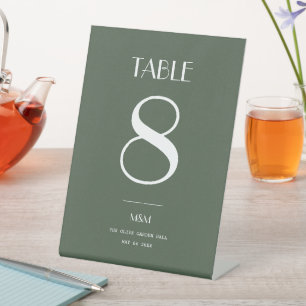 Dark Moss Green Minimalist Scandi Wedding Table Pedestal Sign