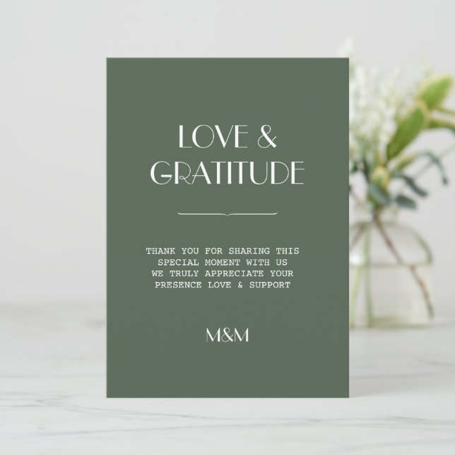 Dark Moss Green Minimalist Scandi Wedding Thanks (Standing Front)