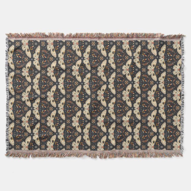 Dark Moth Witchy Boho Botanical Pattern Throw Blanket (Front)