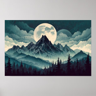 Dark Mountain with large moon Poster
