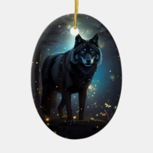 Dark Mysterious Black Wolf  Ceramic Tree Decoration