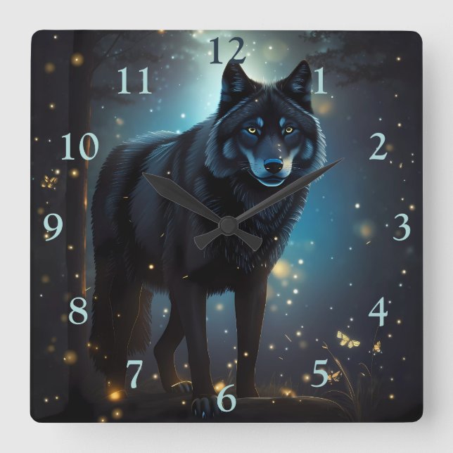 Dark Mysterious Black Wolf  Square Wall Clock (Front)