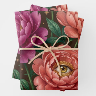 Dark Mystic Peony Floral Wrapping Paper Sheets