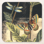 Dark Nature Scene by Vision Studio Square Paper Coaster<br><div class="desc">This dark nature scene shows a couple of butterflies and a dragonfly congregating above deep green leaves and a beautiful flower. You can almost hear the beating of wings as you study the piece. If you enjoy nature you'll enjoy this painting. Buy your copy today!</div>
