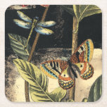 Dark Nature Scene by Vision Studio Square Paper Coaster<br><div class="desc">This dark nature scene shows a couple of butterflies and a dragonfly congregating above deep green leaves and a beautiful flower. You can almost hear the beating of wings as you study the piece. If you enjoy nature you'll enjoy this painting. Buy your copy today!</div>