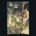 Dark Nature Scene by Vision Studio Tea Towel<br><div class="desc">This dark nature scene shows a couple of butterflies and a dragonfly congregating above deep green leaves and a beautiful flower. You can almost hear the beating of wings as you study the piece. If you enjoy nature you'll enjoy this painting. Buy your copy today!</div>