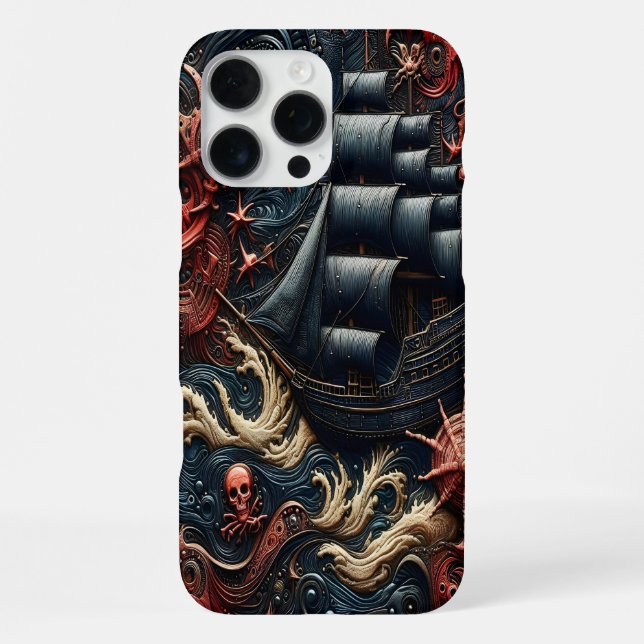 Dark Nautical Adventure With Pirate Ship and Waves iPhone Case (Back)