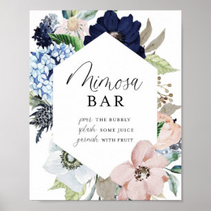 Dark Navy and Blush Floral Frame Mimosa Bar Poster