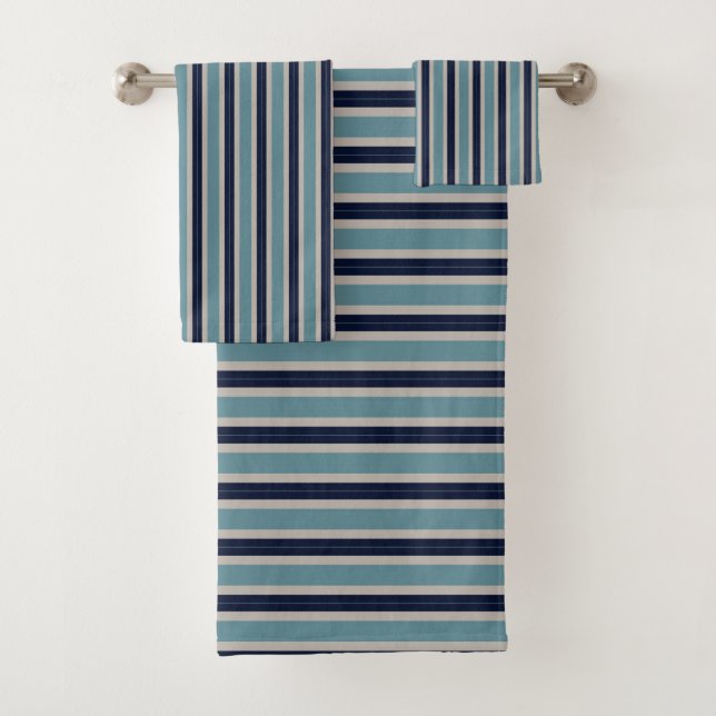 Dark Navy and Light turquoise stripes Bath Towel Set (Insitu)