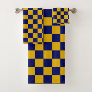 Dark Navy and Mustard Yellow Chequerboard Bath Towel Set