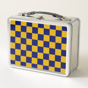 Dark Navy and Mustard Yellow Chequerboard Metal Lunch Box