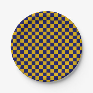 Dark Navy and Mustard Yellow Chequerboard Paper Plate
