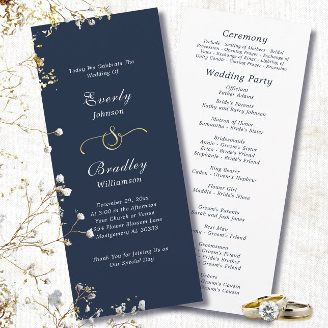Dark Navy Background Elegant Minimal Wedding Programme (Creator Uploaded)