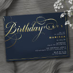 Dark Navy Blue and Gold | Modern Vintage Birthday<br><div class="desc">Elegant birthday party invitations with gold foil accents on a dark navy blue background. "Birthday party" and name text will be featured in real metallic foil,  while event details text will be printed in matte white,  for easy readability.</div>