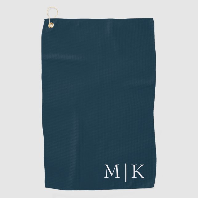 Dark Navy Blue and White | Modern Monogram Golf Towel (Front)