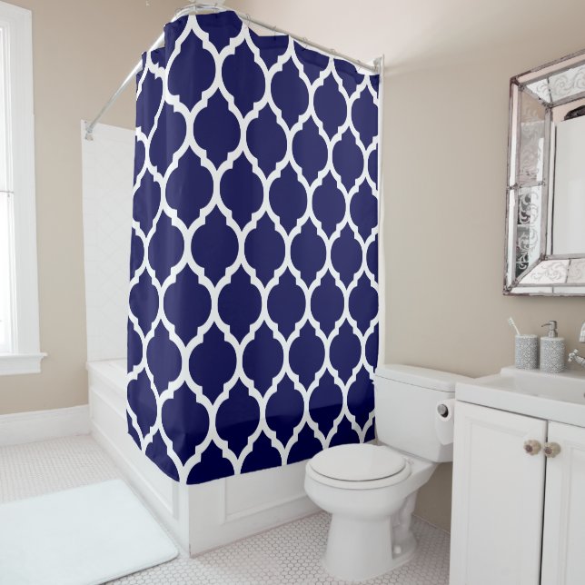 Dark Navy Blue and White Quatrefoil Trellis Shower Curtain (In Situ)