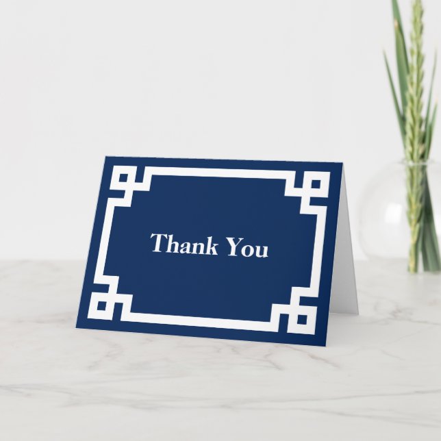 Dark Navy Blue and White Thick Greek Key Border Thank You Card (Front)