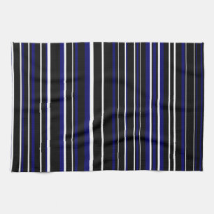 Dark Navy Blue, Black, and White Barcode Stripe Tea Towel