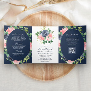 Dark Navy Blue Blush Pink Floral QR Code Wedding Tri-Fold Invitation