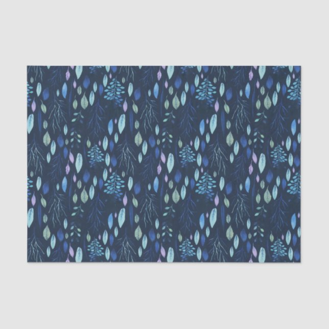 Dark Navy Blue Botanical Leaves Garden Watercolor Tissue Paper (Front)