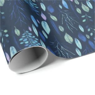 Dark Navy Blue Botanical Leaves Garden Watercolor Wrapping Paper