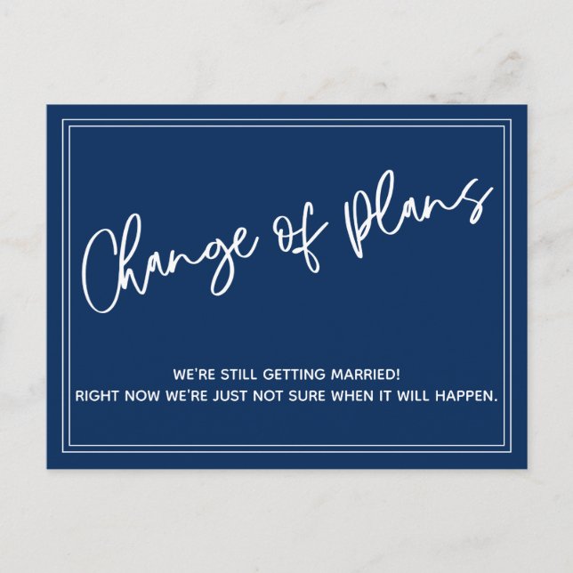 Dark Navy Blue Change of Plans Postponed Wedding Postcard (Front)