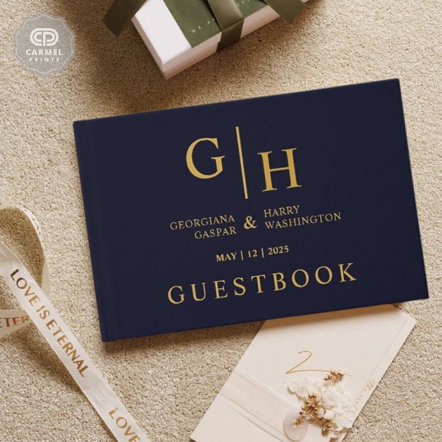 Dark Navy Blue Colour And Gold Plain Wedding Guest Book (Dark Navy Blue Color And Gold Plain Wedding Foil Guest Book)