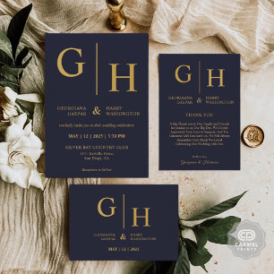 Dark Navy Blue Colour And Gold Plain Wedding Invitation
