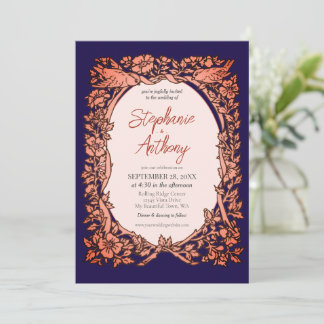 Dark Navy Blue Copper Wildflower Border Wedding Invitation