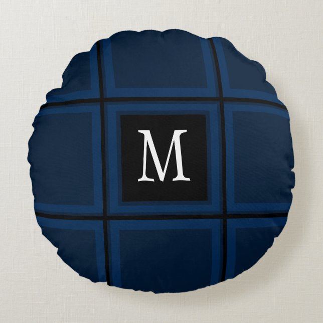 Dark Navy Blue Custom Single Initial Striped Round Cushion (Front)