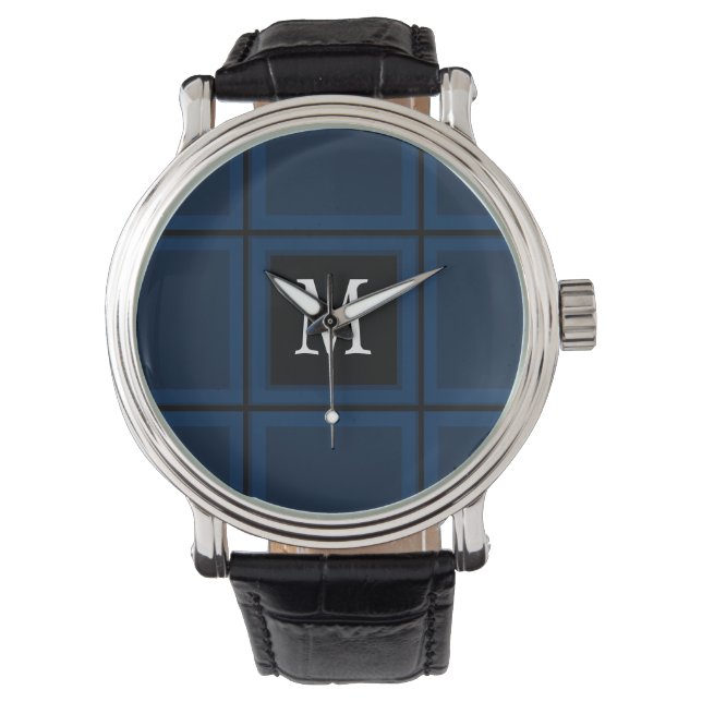 Dark Navy Blue Custom Single Initial Striped Watch (Front)