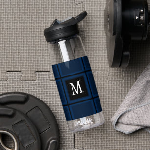 Dark Navy Blue Custom Single Initial Striped Water Bottle